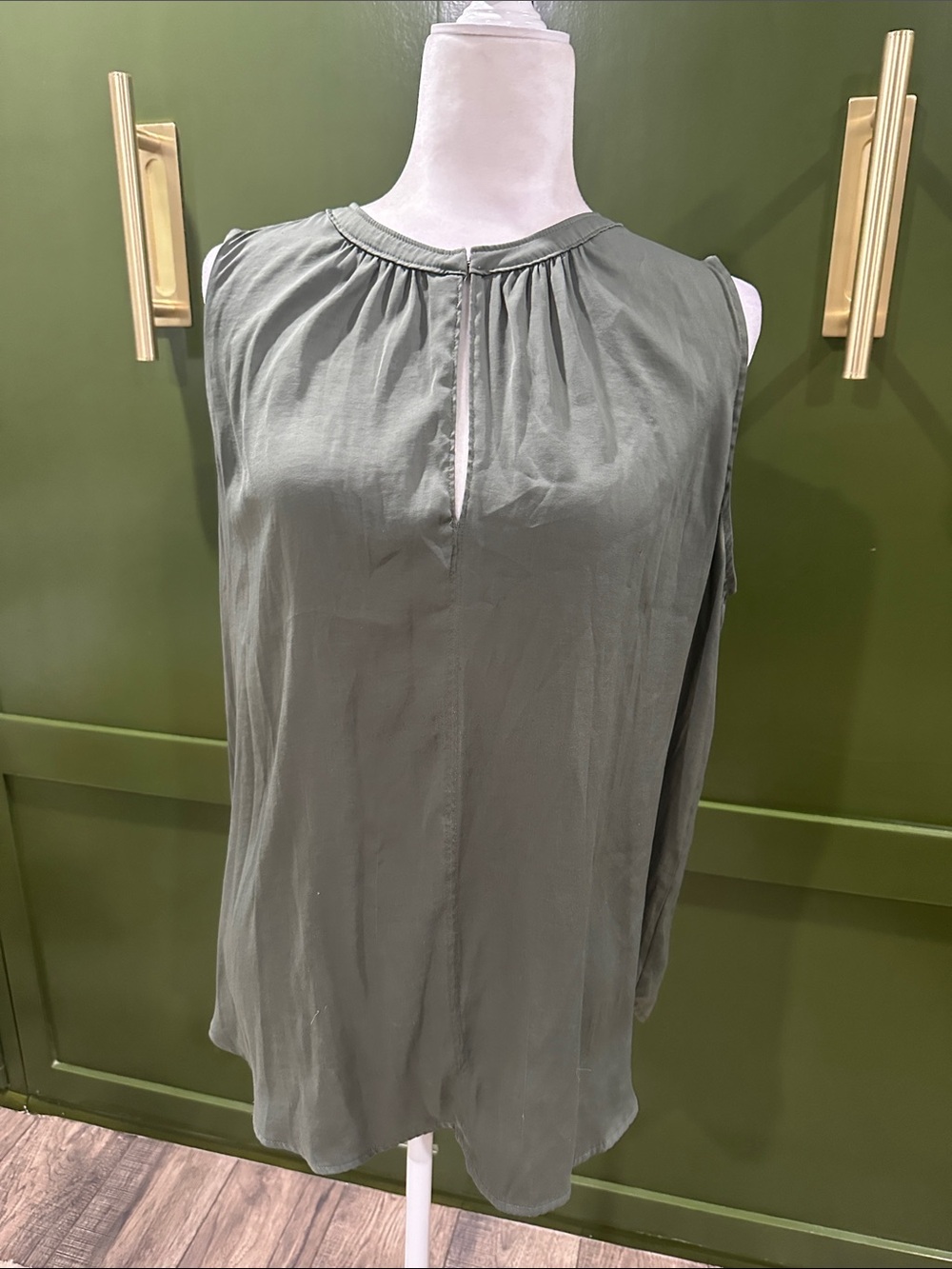 LOFT Olive Green Sleeveless Pleated Neck Blouse